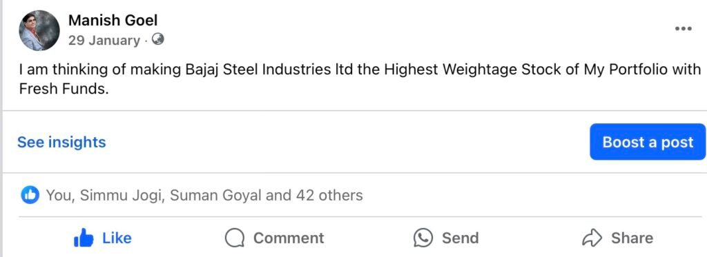 My Facebook post of Jan 2024... Bajaj Steel Highest Weightage Stock in my Portfolio